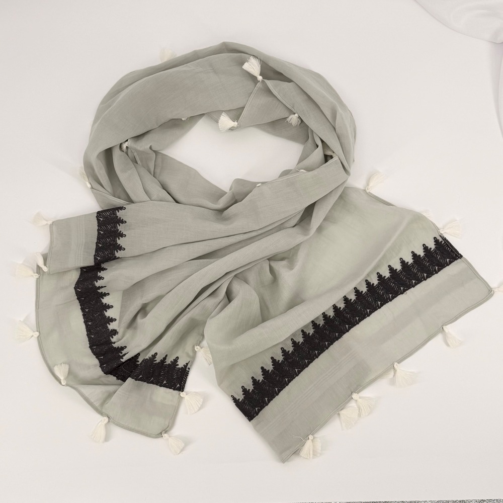 J. Jill Prickly Pear Sage Green Embroidered Tassel Scarf One Size NWT 245331